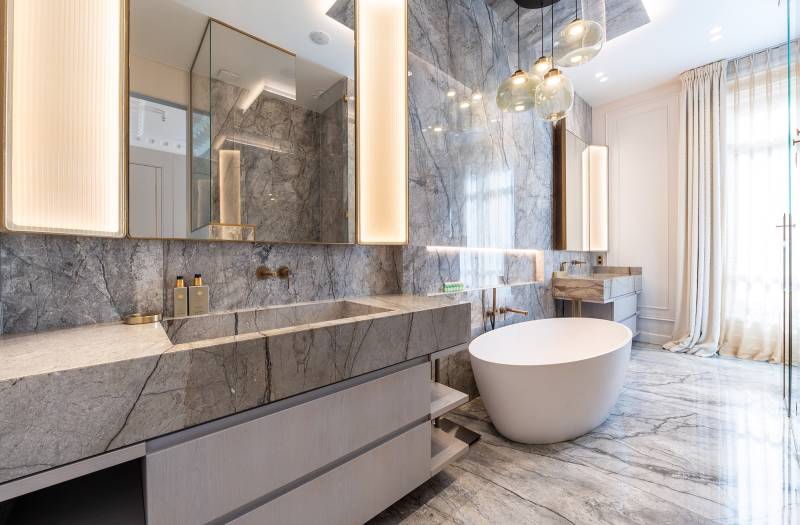 luxurious and elegant bathroom setting specifically designed for film shooting in Paris, FRANCE