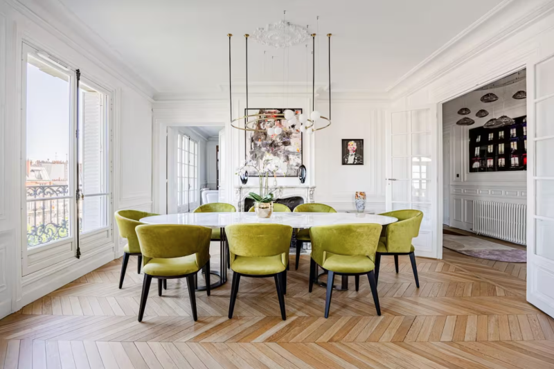 Apartment rental with parquet flooring and decorative moldings for interview in Paris, FRANCE