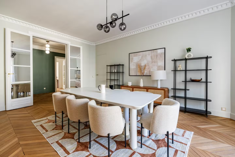 Colorful Haussmann-style apartment rental for filming in Paris, France with authentic architectural features